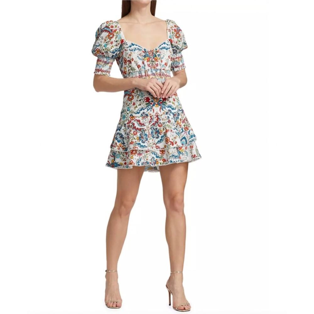 Alice & Olivia Dress 6 Crawford Floral Puff Smocked Fit Flare Mini Boho Coquette